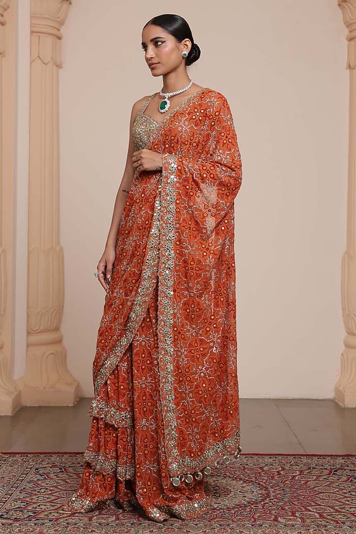 Orange & Gold Georgette Tiered Ruffled Bridal Saree Set by Arpita Mehta at Pernia's Pop Up Shop