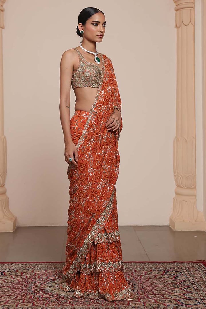 Orange & Gold Georgette Tiered Ruffled Bridal Saree Set by Arpita Mehta at Pernia's Pop Up Shop