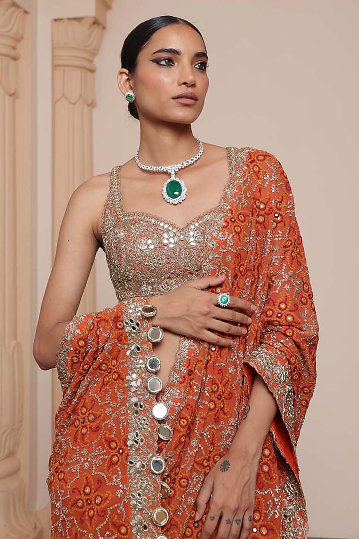 Orange & Gold Georgette Tiered Ruffled Bridal Saree Set by Arpita Mehta at Pernia's Pop Up Shop