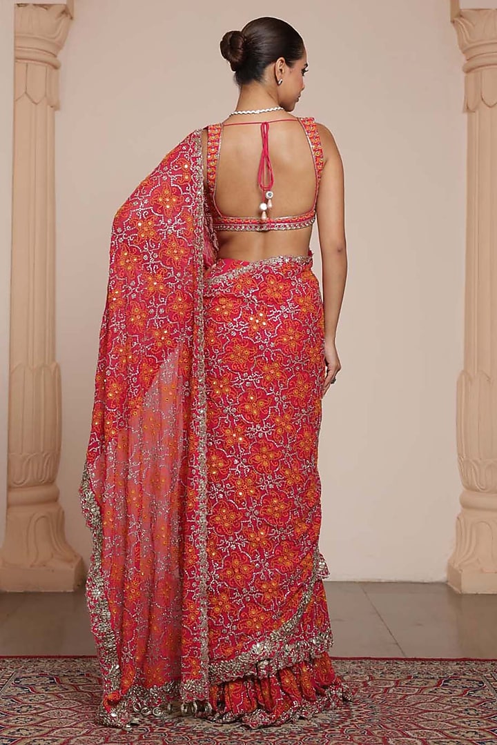 Pink & Rose Gold Georgette Tiered Ruffled Bridal Saree Set by Arpita Mehta at Pernia's Pop Up Shop