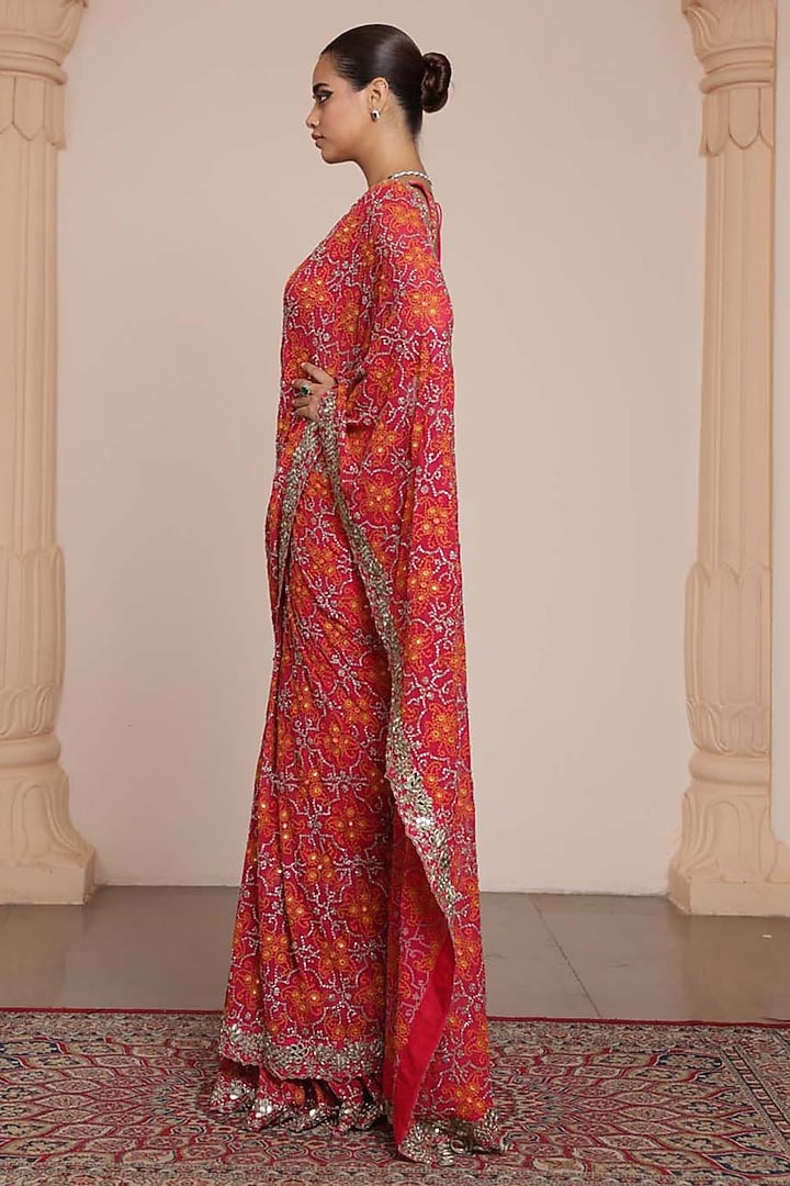 Pink & Rose Gold Georgette Tiered Ruffled Bridal Saree Set by Arpita Mehta at Pernia's Pop Up Shop