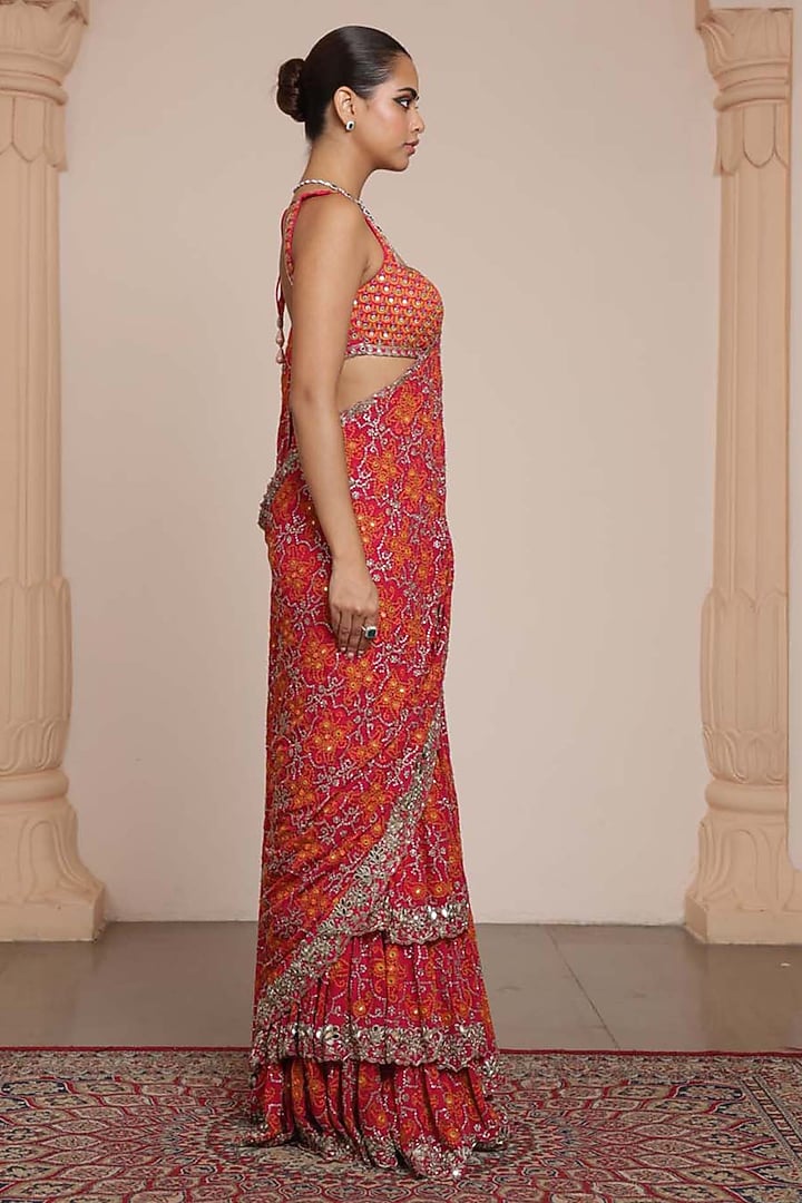 Pink & Rose Gold Georgette Tiered Ruffled Bridal Saree Set by Arpita Mehta at Pernia's Pop Up Shop