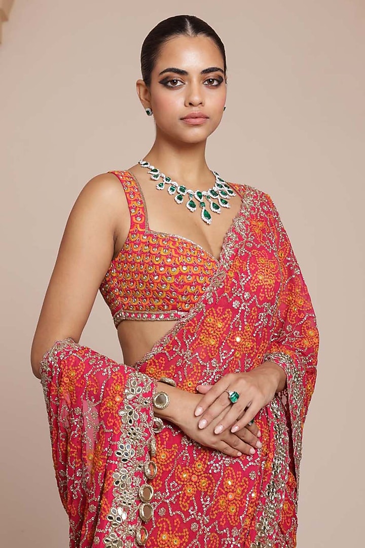 Pink & Rose Gold Georgette Tiered Ruffled Bridal Saree Set by Arpita Mehta at Pernia's Pop Up Shop