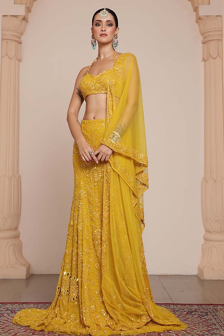 Yellow Net Embroidered Skirt Set by Arpita Mehta at Pernia's Pop Up Shop
