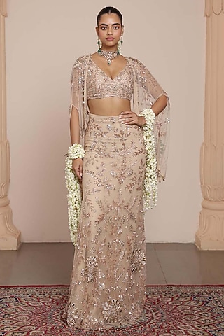 Light Nude Net Embroidered Skirt Set by Arpita Mehta