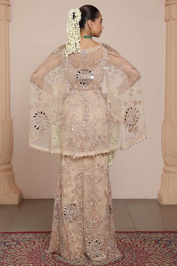 Light Nude Net Embroidered Skirt Set by Arpita Mehta at Pernia's Pop Up Shop