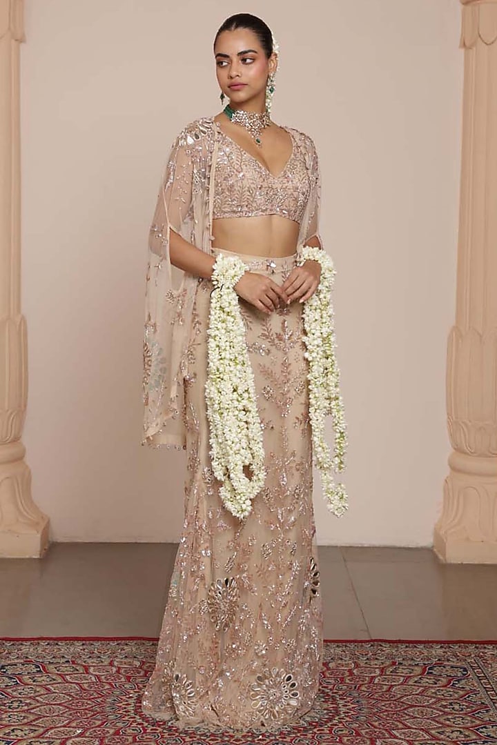 Light Nude Net Embroidered Skirt Set by Arpita Mehta at Pernia's Pop Up Shop