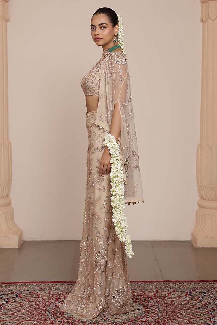 Light Nude Net Embroidered Skirt Set by Arpita Mehta at Pernia's Pop Up Shop