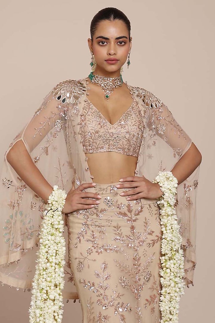 Light Nude Net Embroidered Skirt Set by Arpita Mehta at Pernia's Pop Up Shop