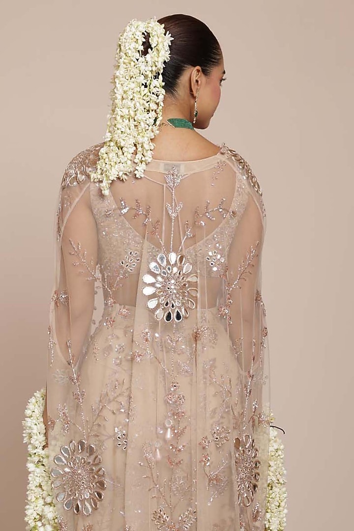 Light Nude Net Embroidered Skirt Set by Arpita Mehta at Pernia's Pop Up Shop