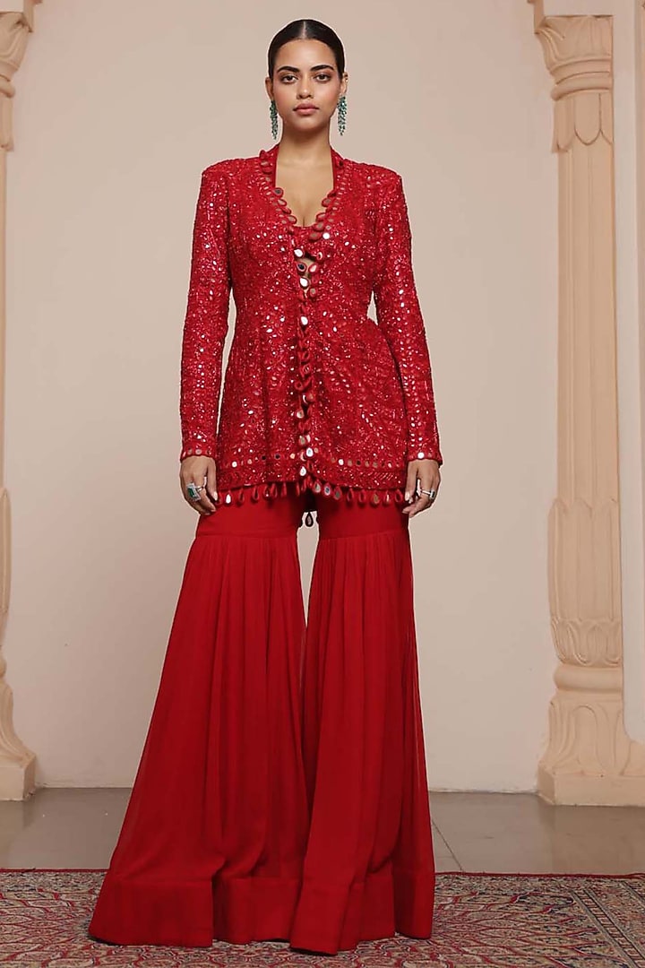 Red Georgette Gharara Set by Arpita Mehta at Pernia's Pop Up Shop