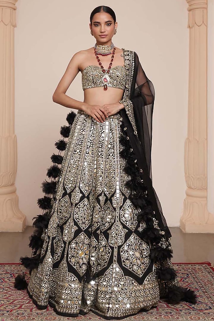 Black & Gold Organza Mirror Embroidered Bridal Lehenga Set by Arpita Mehta at Pernia's Pop Up Shop