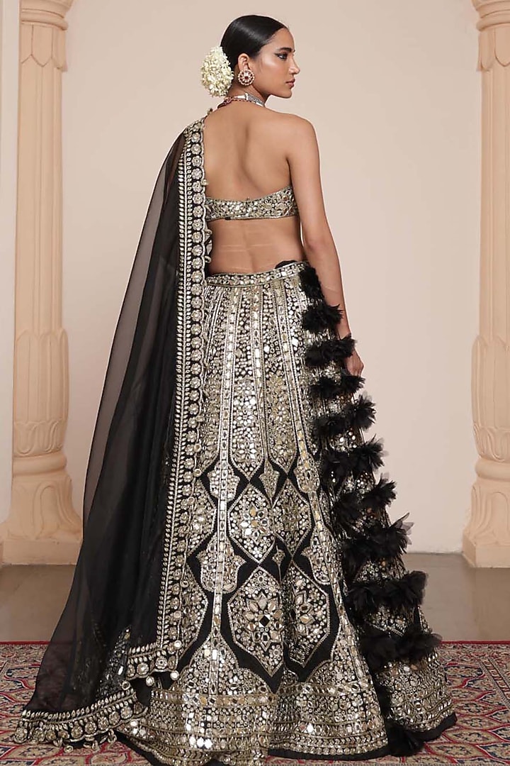Black & Gold Organza Mirror Embroidered Bridal Lehenga Set by Arpita Mehta at Pernia's Pop Up Shop