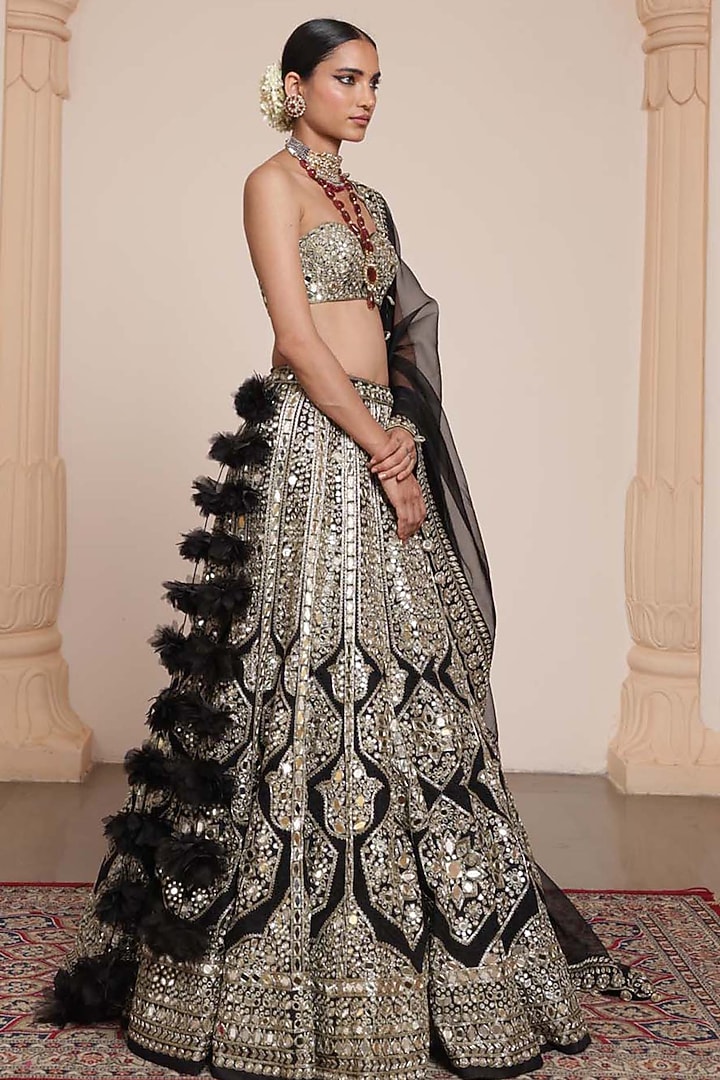 Black & Gold Organza Mirror Embroidered Bridal Lehenga Set by Arpita Mehta at Pernia's Pop Up Shop