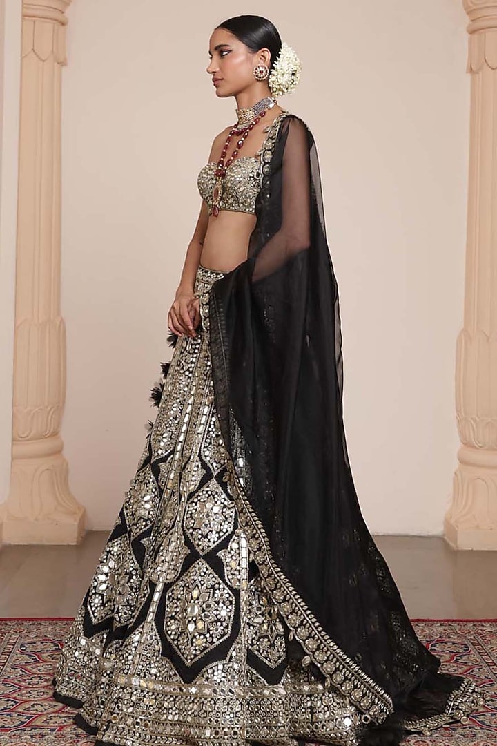 Black & Gold Organza Mirror Embroidered Bridal Lehenga Set by Arpita Mehta at Pernia's Pop Up Shop