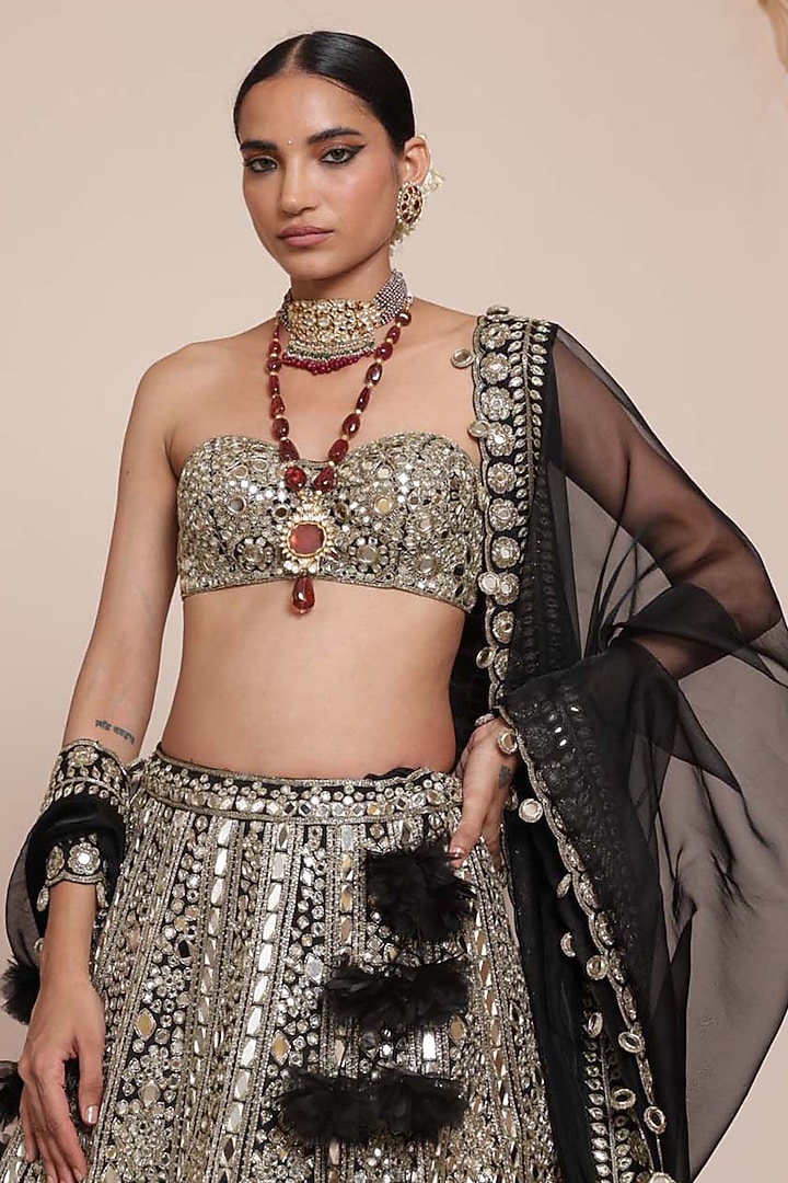 Black & Gold Organza Mirror Embroidered Bridal Lehenga Set by Arpita Mehta at Pernia's Pop Up Shop