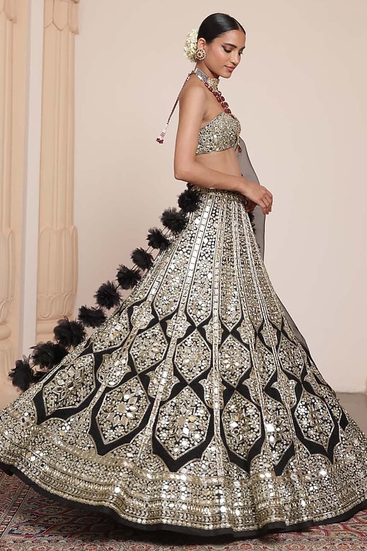 Black & Gold Organza Mirror Embroidered Bridal Lehenga Set by Arpita Mehta at Pernia's Pop Up Shop
