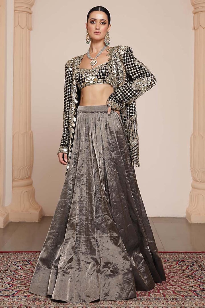 Black Silk Tissue Skirt Set by Arpita Mehta at Pernia's Pop Up Shop