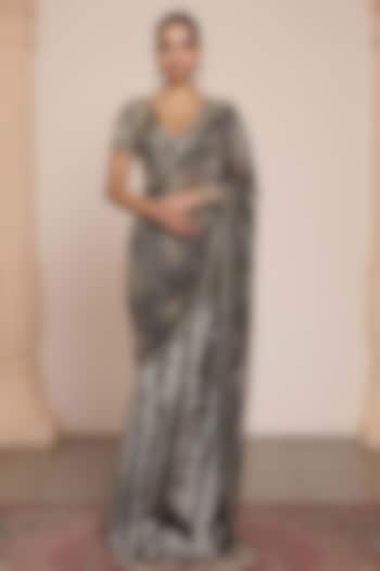 Black Silk Tissue Embroidered Godet Bridal Saree Set by Arpita Mehta at Pernia's Pop Up Shop