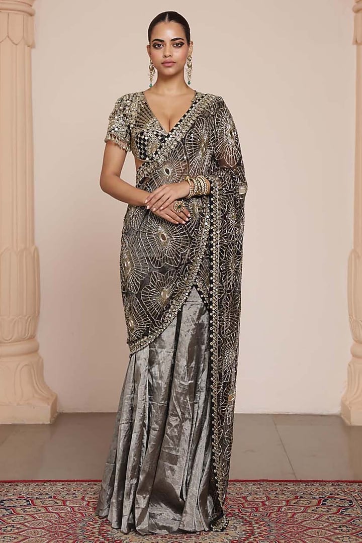 Black Silk Tissue Embroidered Godet Bridal Saree Set by Arpita Mehta at Pernia's Pop Up Shop