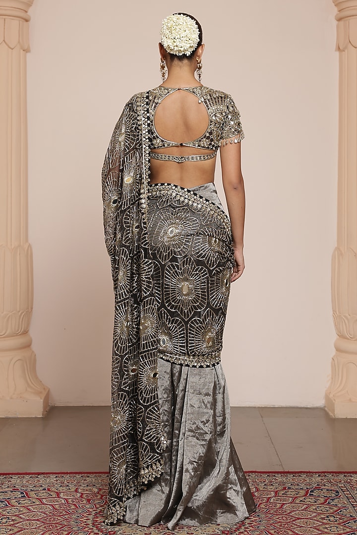 Black Silk Tissue Embroidered Godet Bridal Saree Set by Arpita Mehta at Pernia's Pop Up Shop