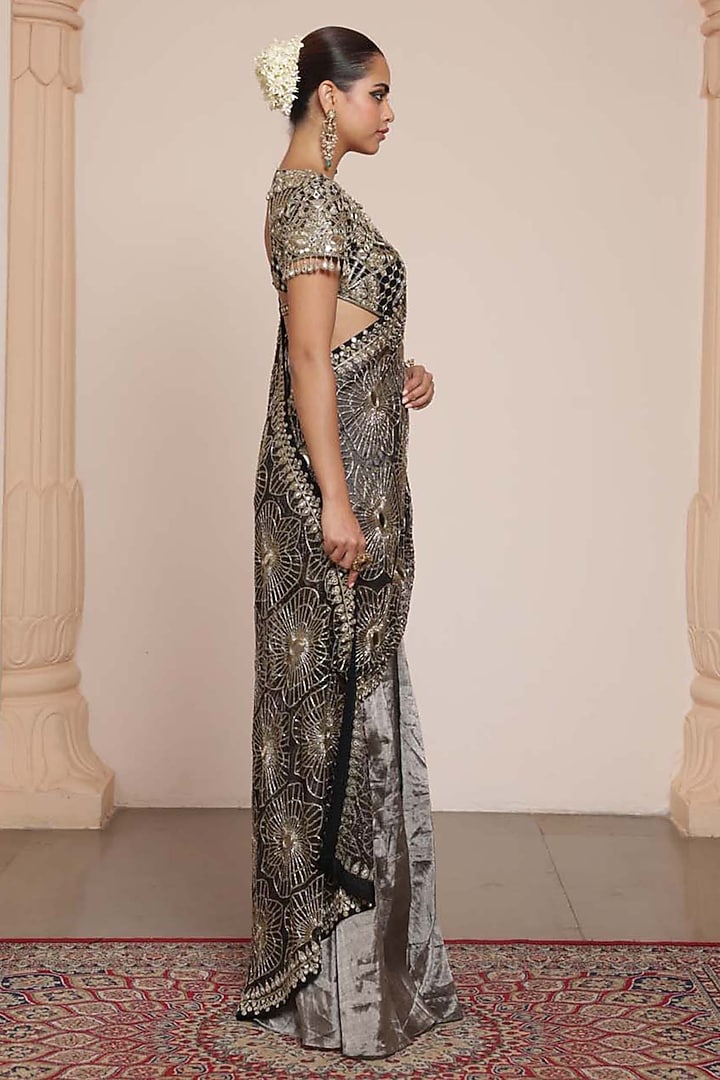 Black Silk Tissue Embroidered Godet Bridal Saree Set by Arpita Mehta at Pernia's Pop Up Shop