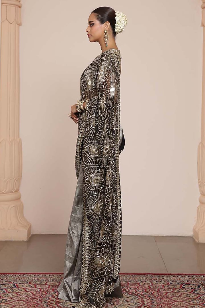 Black Silk Tissue Embroidered Godet Bridal Saree Set by Arpita Mehta at Pernia's Pop Up Shop