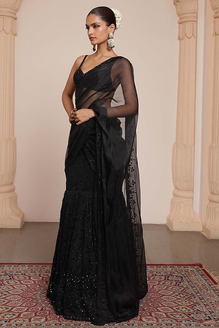 Black Net Embroidered Bridal Lehenga Saree Set by Arpita Mehta at Pernia's Pop Up Shop