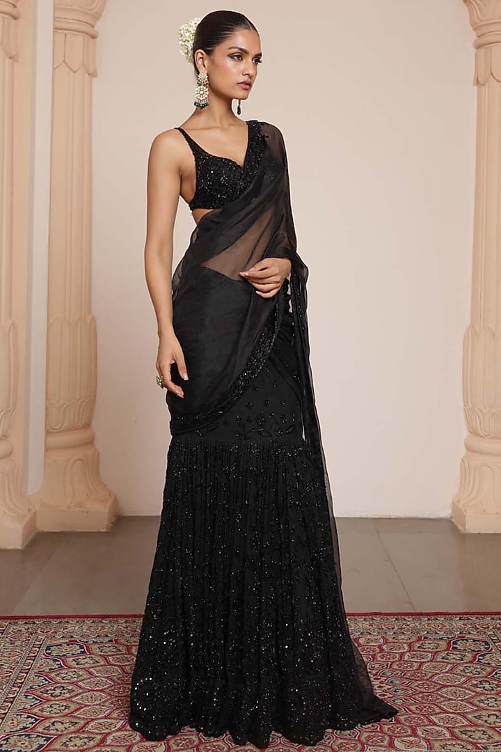 Black Net Embroidered Bridal Lehenga Saree Set by Arpita Mehta at Pernia's Pop Up Shop