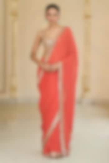 Coral Georgette Reception Saree Set by Arpita Mehta at Pernia's Pop Up Shop