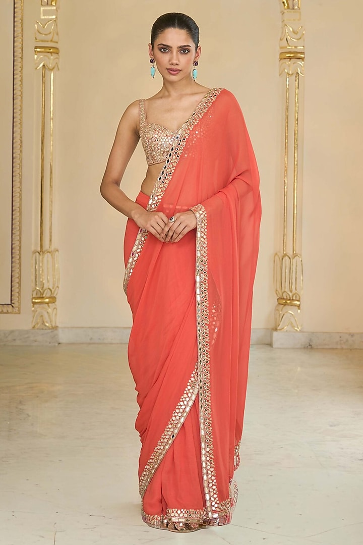 Coral Georgette Reception Saree Set by Arpita Mehta at Pernia's Pop Up Shop