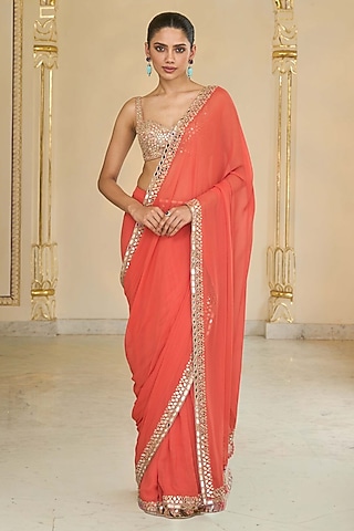 Coral Georgette Saree Set by Arpita Mehta