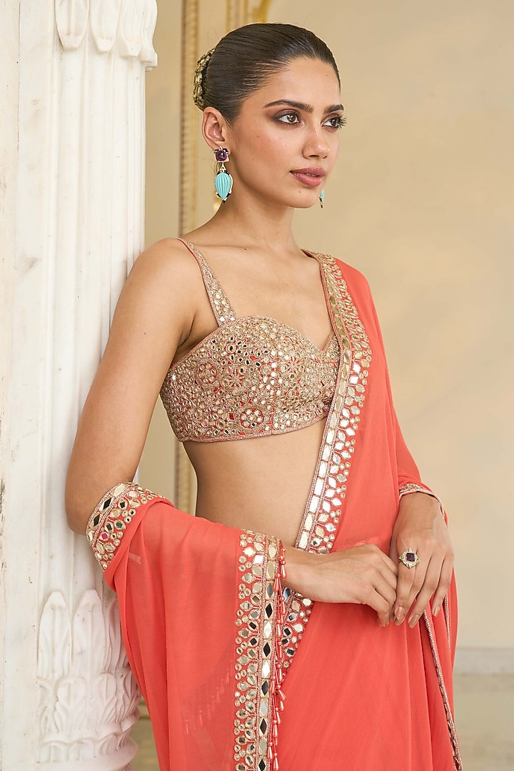 Coral Georgette Reception Saree Set by Arpita Mehta at Pernia's Pop Up Shop