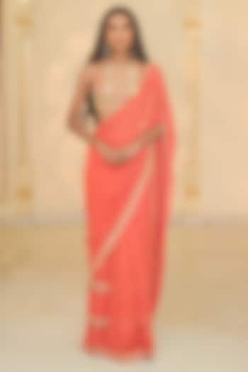 Warm Coral Georgette Ruffled Bridal Saree Set by Arpita Mehta at Pernia's Pop Up Shop