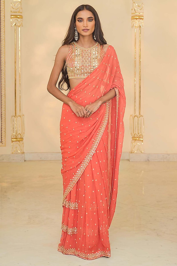 Warm Coral Georgette Ruffled Bridal Saree Set by Arpita Mehta at Pernia's Pop Up Shop