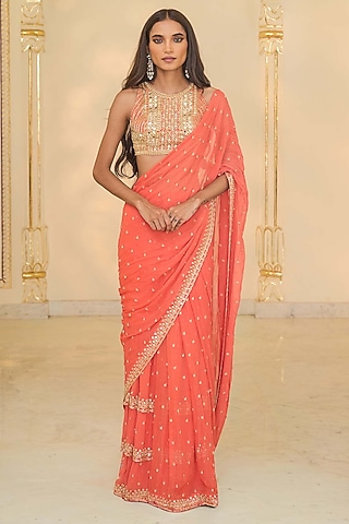 Warm Coral Georgette Ruffled Saree Set by Arpita Mehta