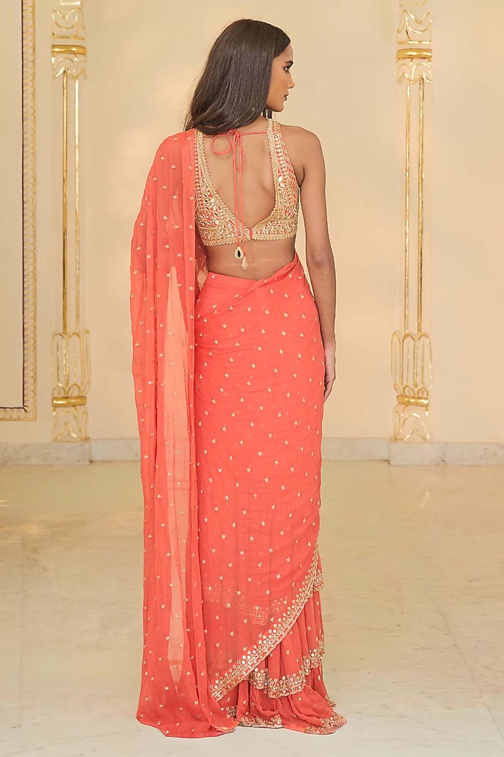 Warm Coral Georgette Ruffled Bridal Saree Set by Arpita Mehta at Pernia's Pop Up Shop