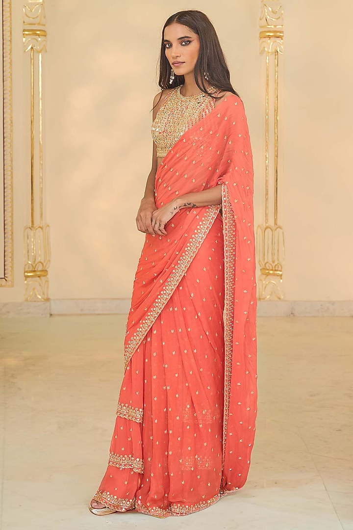 Warm Coral Georgette Ruffled Bridal Saree Set by Arpita Mehta at Pernia's Pop Up Shop