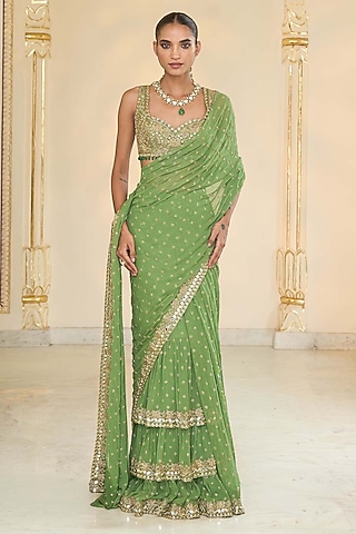 Warm Olive Georgette Hand Embroidered Ruffled Saree Set by Arpita Mehta