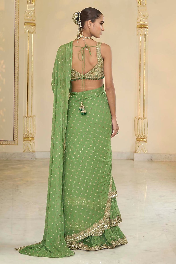 Warm Olive Georgette Hand Embroidered Ruffled Bridal Saree Set by Arpita Mehta at Pernia's Pop Up Shop