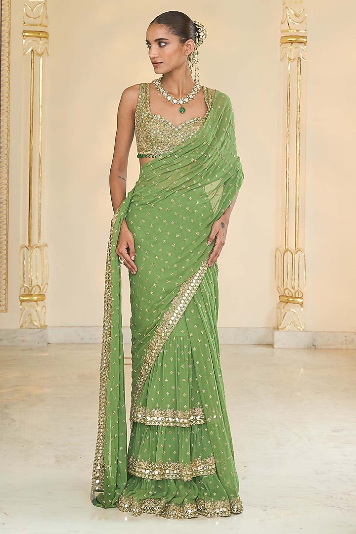 Warm Olive Georgette Hand Embroidered Ruffled Bridal Saree Set by Arpita Mehta at Pernia's Pop Up Shop