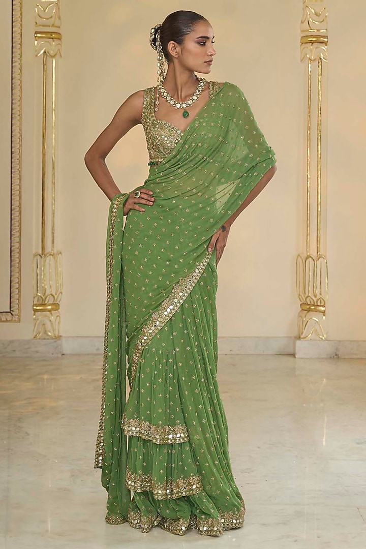 Warm Olive Georgette Hand Embroidered Ruffled Bridal Saree Set by Arpita Mehta at Pernia's Pop Up Shop