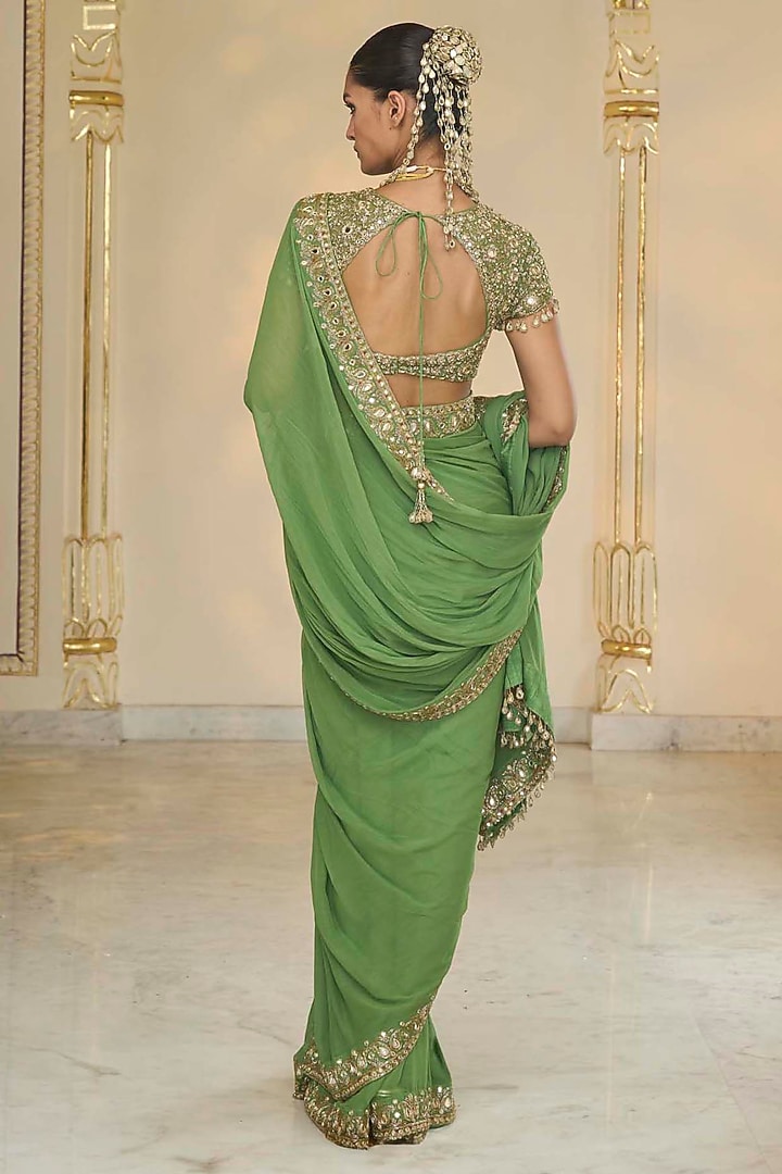 Warm Olive Georgette Hand Embroidered Bridal Saree Set by Arpita Mehta at Pernia's Pop Up Shop