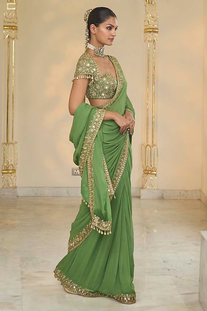 Warm Olive Georgette Hand Embroidered Bridal Saree Set by Arpita Mehta at Pernia's Pop Up Shop