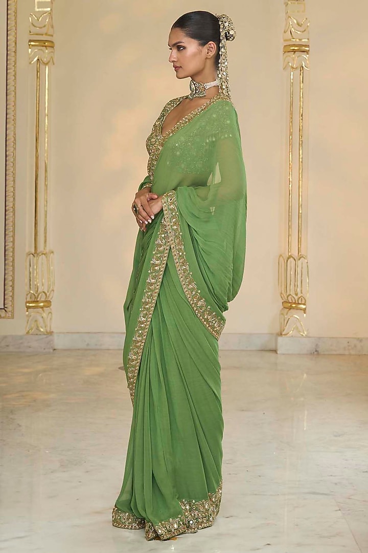 Warm Olive Georgette Hand Embroidered Bridal Saree Set by Arpita Mehta at Pernia's Pop Up Shop