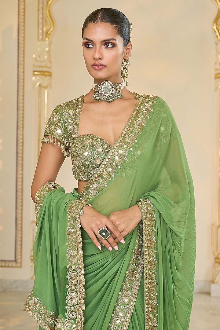 Warm Olive Georgette Hand Embroidered Bridal Saree Set by Arpita Mehta at Pernia's Pop Up Shop