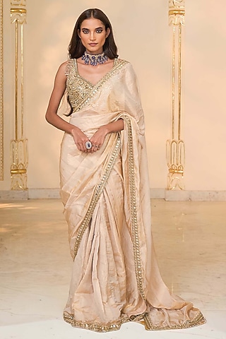 Golden Tissue Hand Embroidered Saree Set by Arpita Mehta