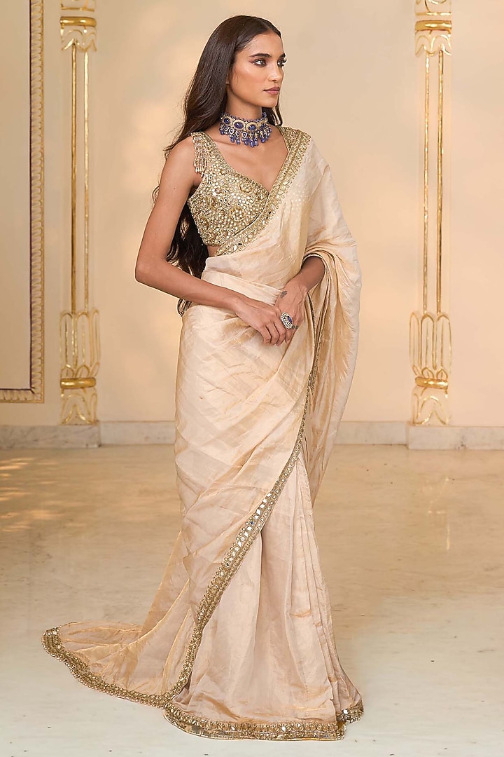 Golden Tissue Hand Embroidered Bridal Saree Set by Arpita Mehta at Pernia's Pop Up Shop