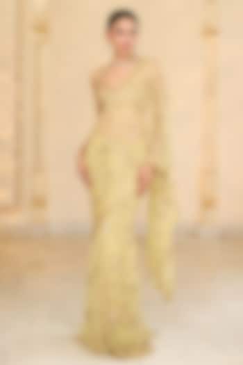 Green Net Jaal Hand Embroidered Ruffled Bridal Saree Set by Arpita Mehta at Pernia's Pop Up Shop