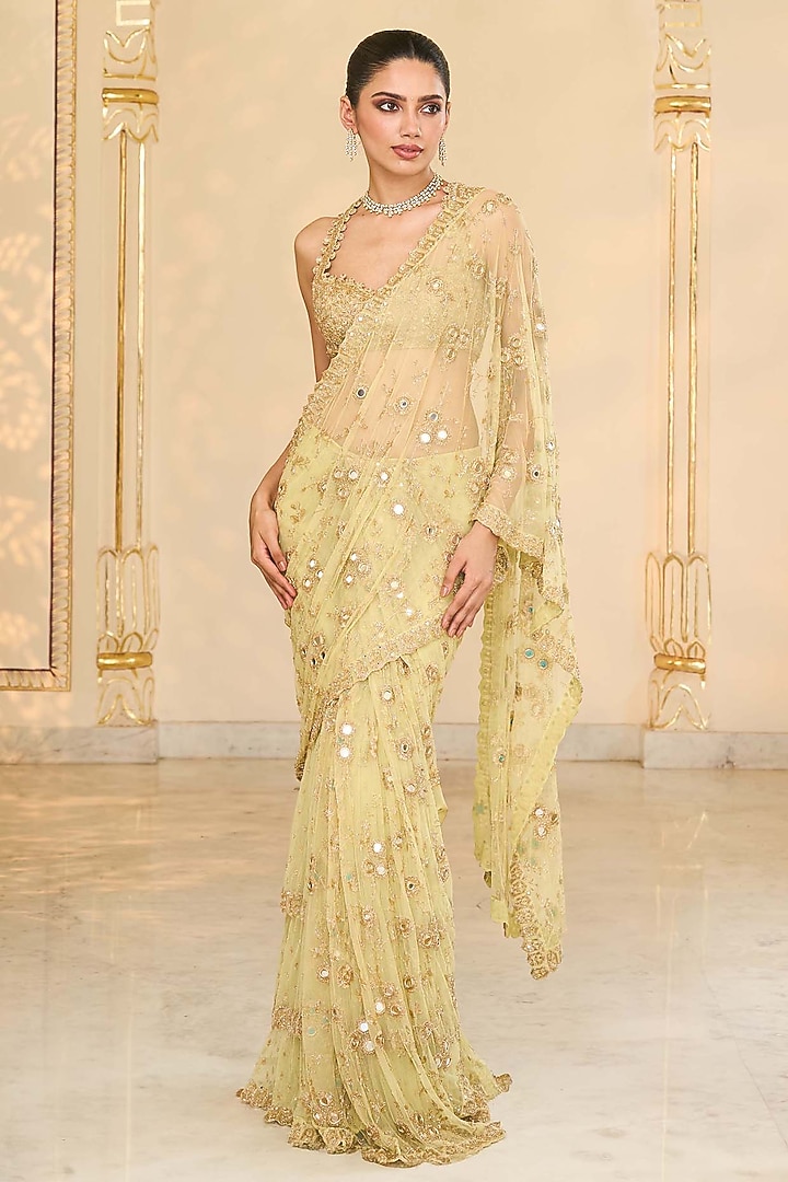 Green Net Jaal Hand Embroidered Ruffled Bridal Saree Set by Arpita Mehta at Pernia's Pop Up Shop